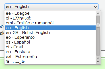 Drop-down menu showing a list of languages in their language, prefixed by the language code