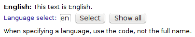 Cropped screenshot of a web page showing a small input field with the text 'en' in it, followed by two buttons, saying 'Select' and 'Show'