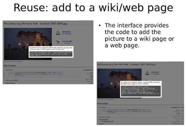 Mock-ups of file description pages on Commons with code snippets in the foreground
