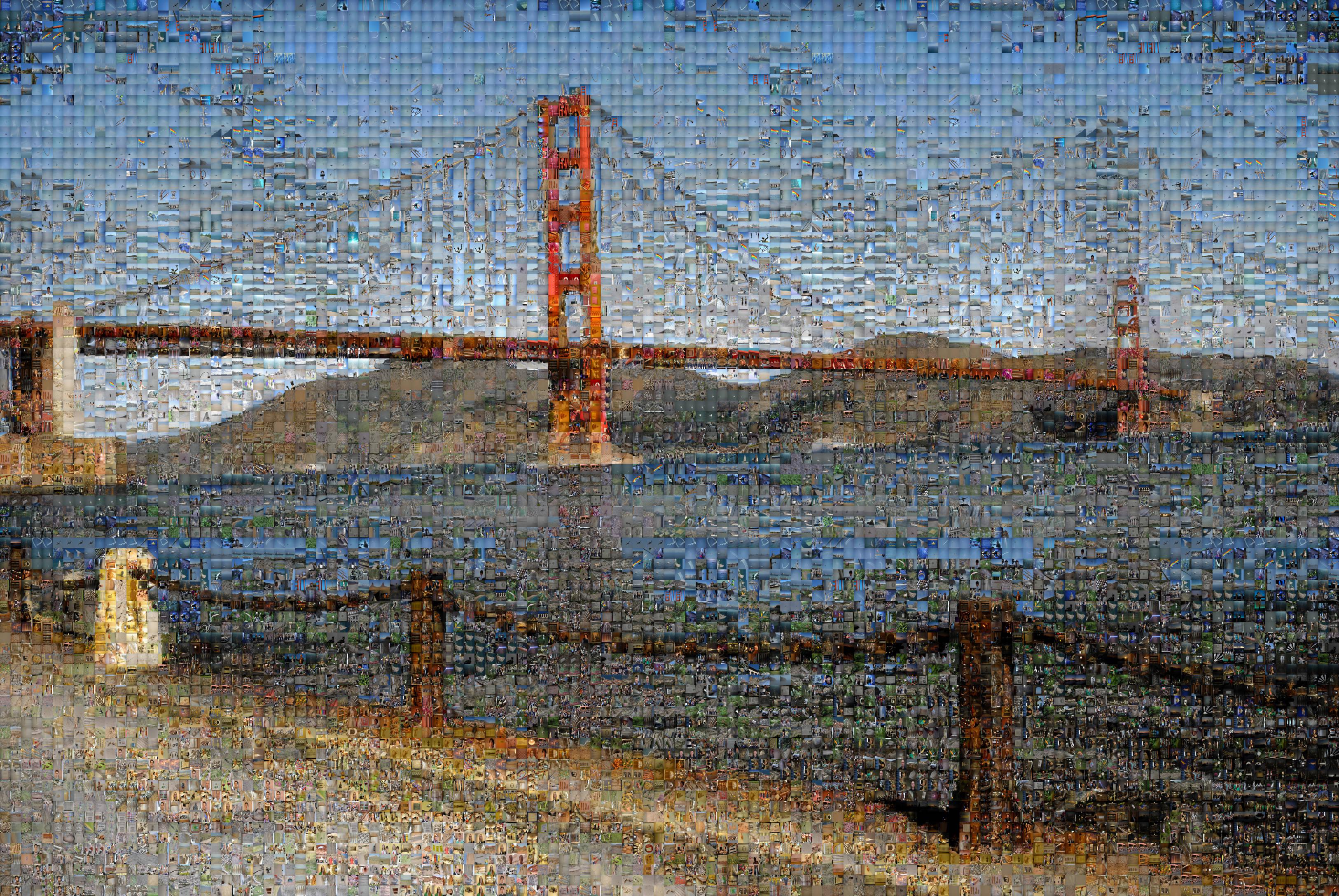 A photographic mosaic depicting the Golden Gate bridge