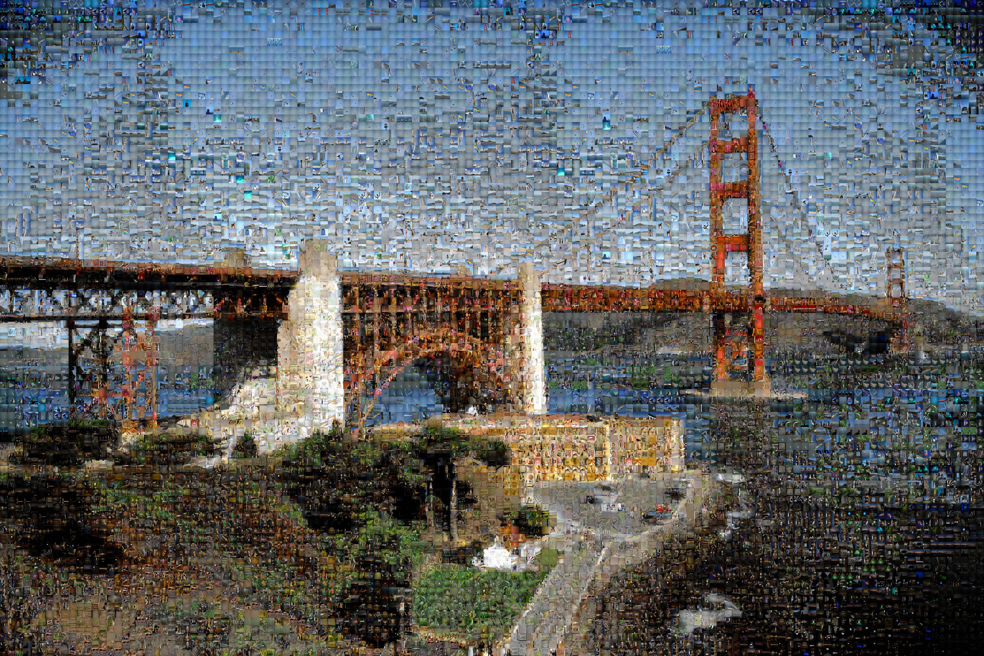 Photographic mosaic depicting the Golden Gate bridge seen from the Presidio in San Francisco