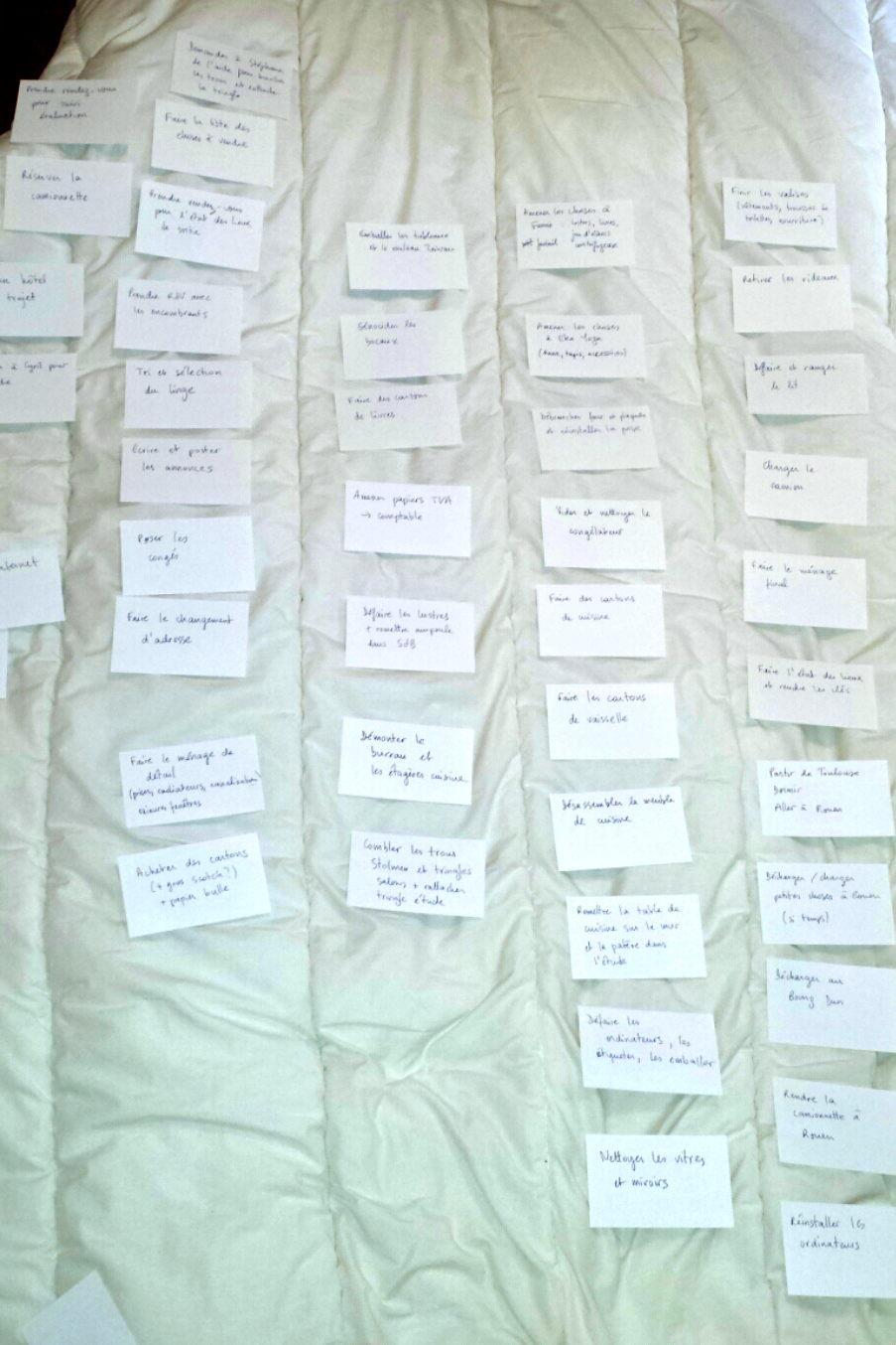 Handwritten paper cards organized in columns on a comforter