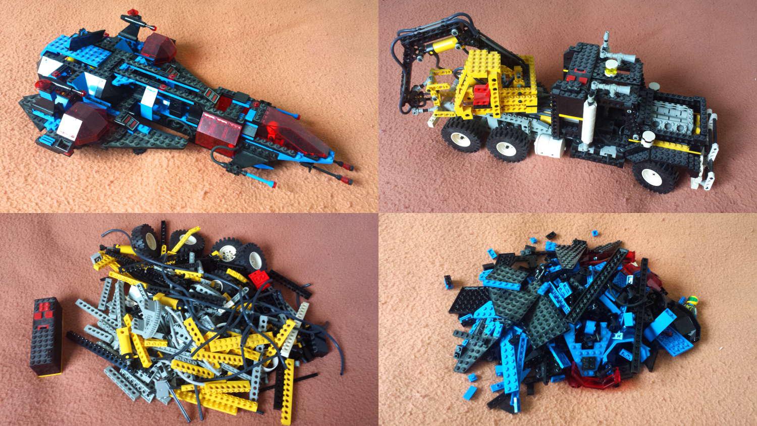 A collage of four photographs. The first row shows an assembled blue LEGO spaceship, and an assembled black and yellow crane truck. The bottom row shows piles of LEGO pieces for the same sets after being disassembled.