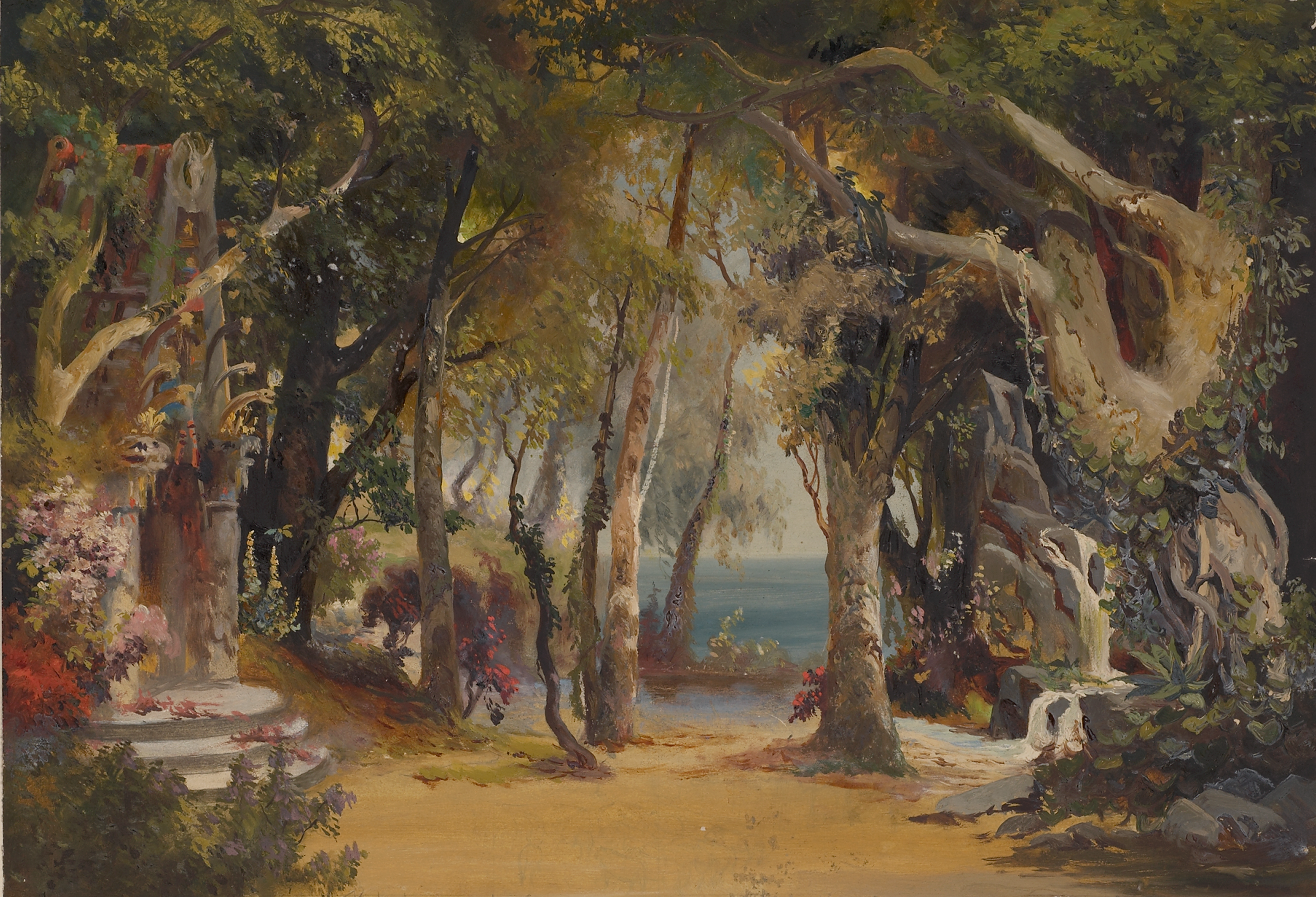 Stage design of the Enchanted Garden by Hermann Burghart for the opera Merlin, featuring dramatic arches, misty foliage, and magical lighting in a painterly, theatrical style.