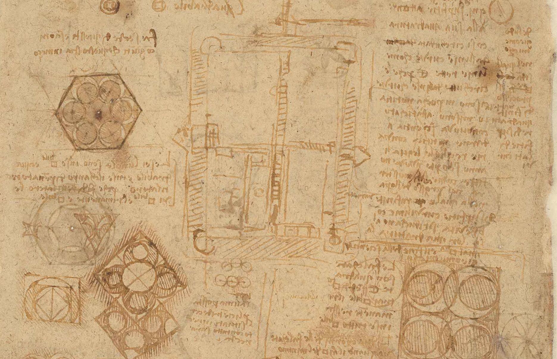 Photo d'une page du Codex Atlanticus de Léonard de Vinci montrant du texte et des diagrammes.