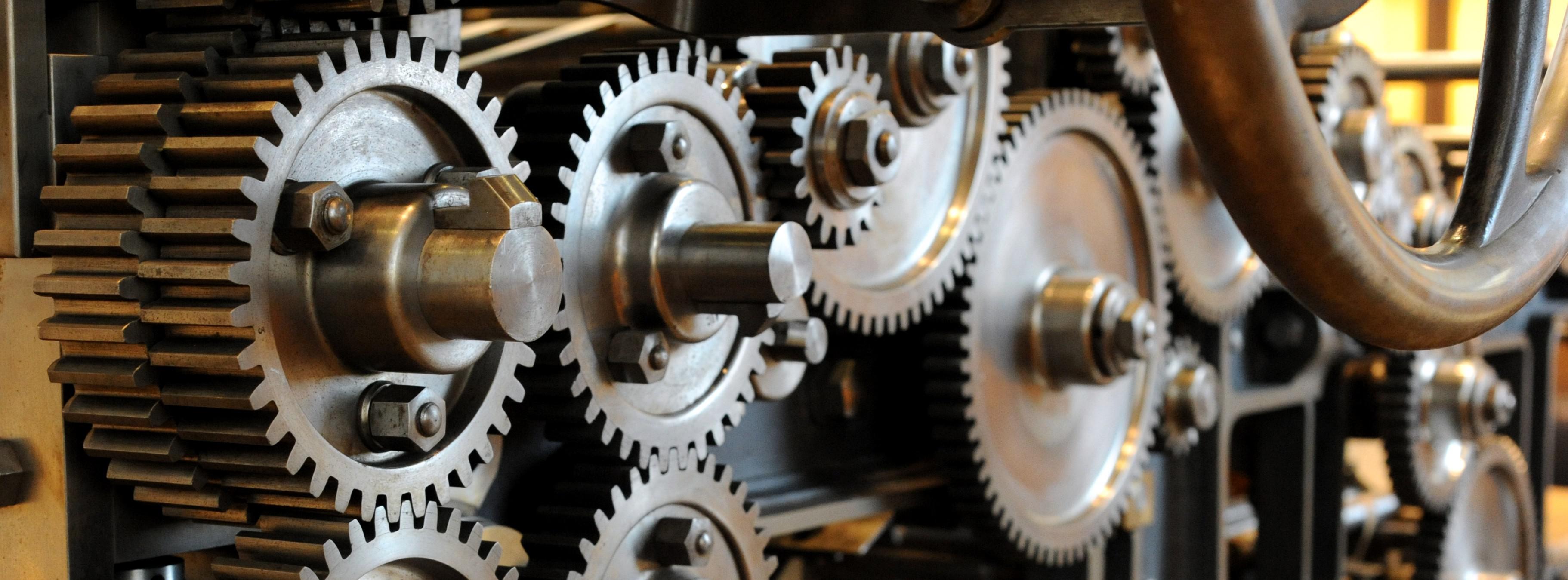 Close-up on the gears of Marinoni's printing machine