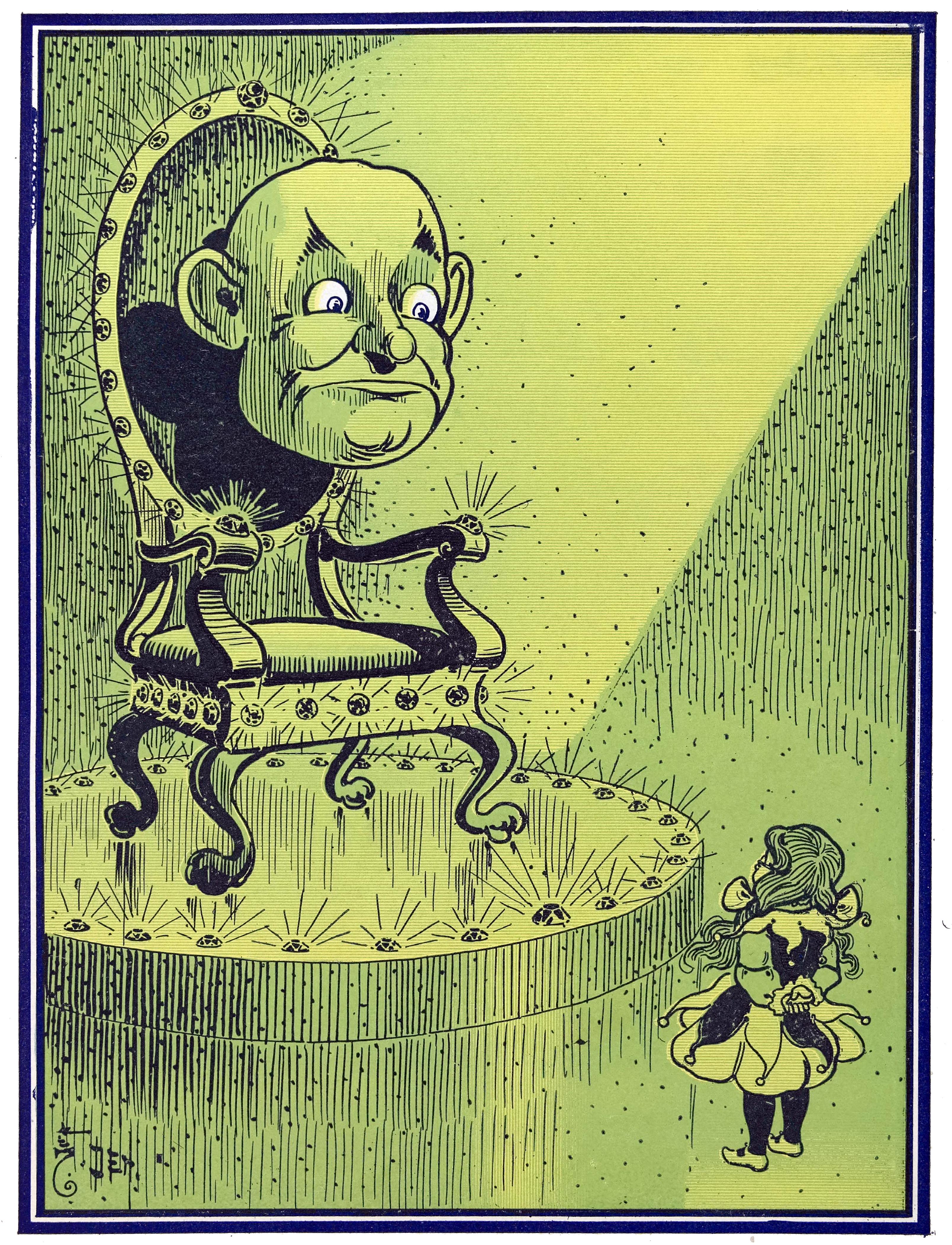 Vintage illustration of the Wizard and Dorothy as illustrated by William Wallace Denslow in Lyman Frank Baum's 1900 edition of "The Wonderful Wizard of Oz." The Wizard's large disembodied head floats above a jeweled throne with a stern expression. A small girl (Dorothy) stands in the foreground, facing the head with her back to the viewer. The scene is bathed in green hues and a dramatic spotlight.
