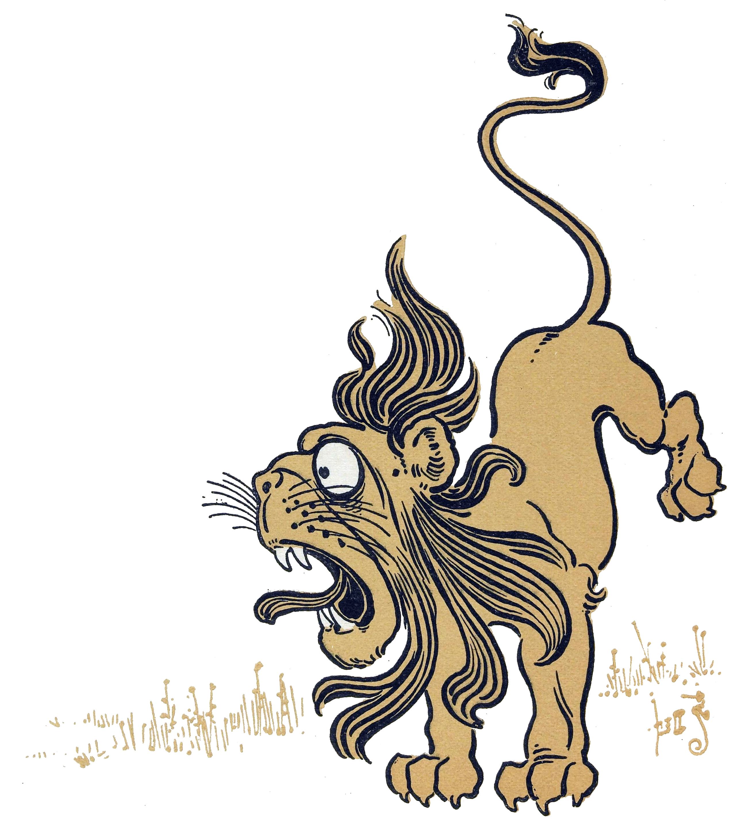 Vintage ink illustration of the Cowardly Lion as illustrated by William Wallace Denslow in Lyman Frank Baum's 1900 edition of "The Wonderful Wizard of Oz." The lion is rearing back in alarm, with exaggerated wide eyes, flared mane, and open mouth showing sharp white teeth. The lion's beige body contrasts with its black outlines, and the background is fully transparent except for white details in the eyes and teeth.