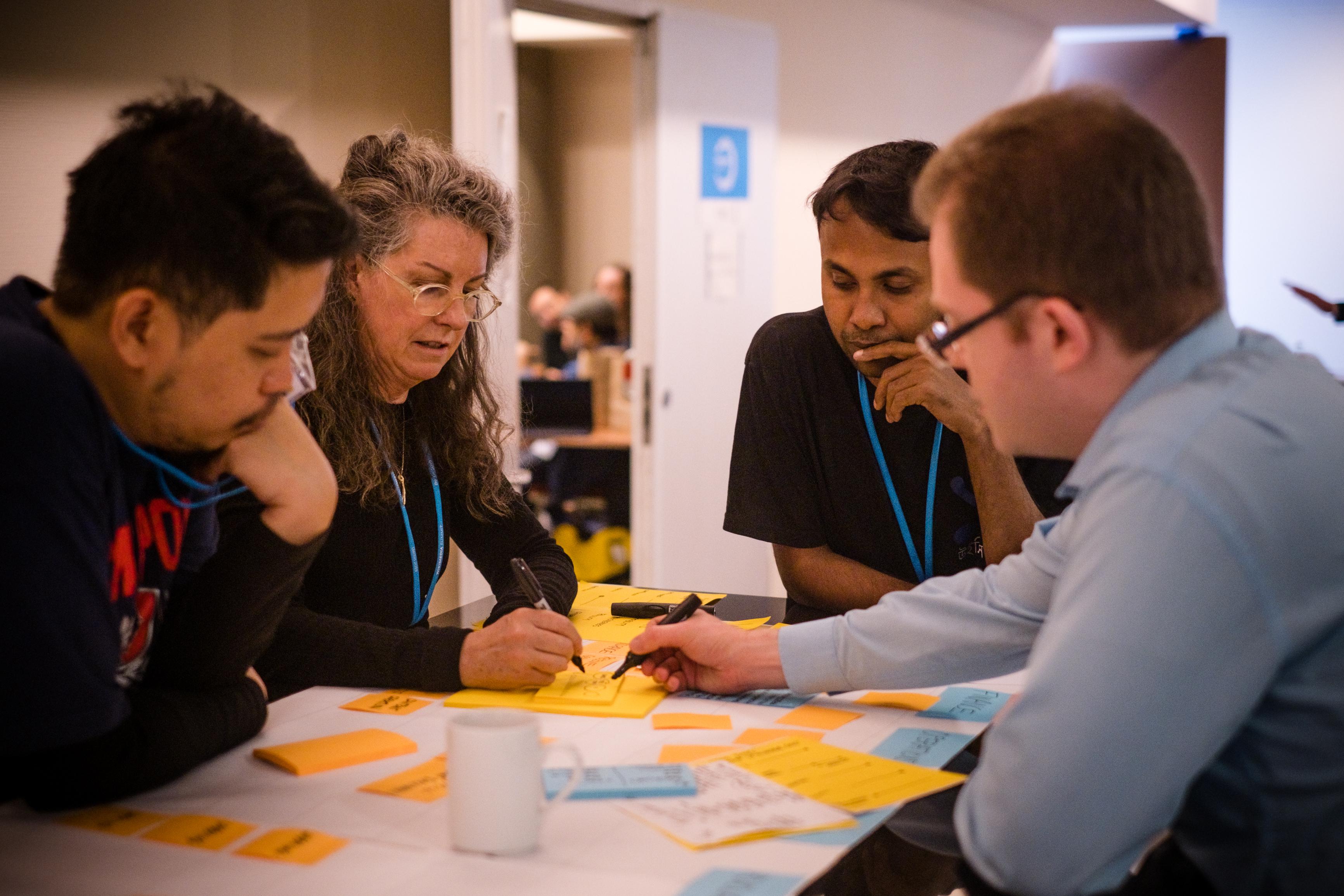 Photograph of four people thinking together, discussing, and writing at the 2019 Wikimedia Summit