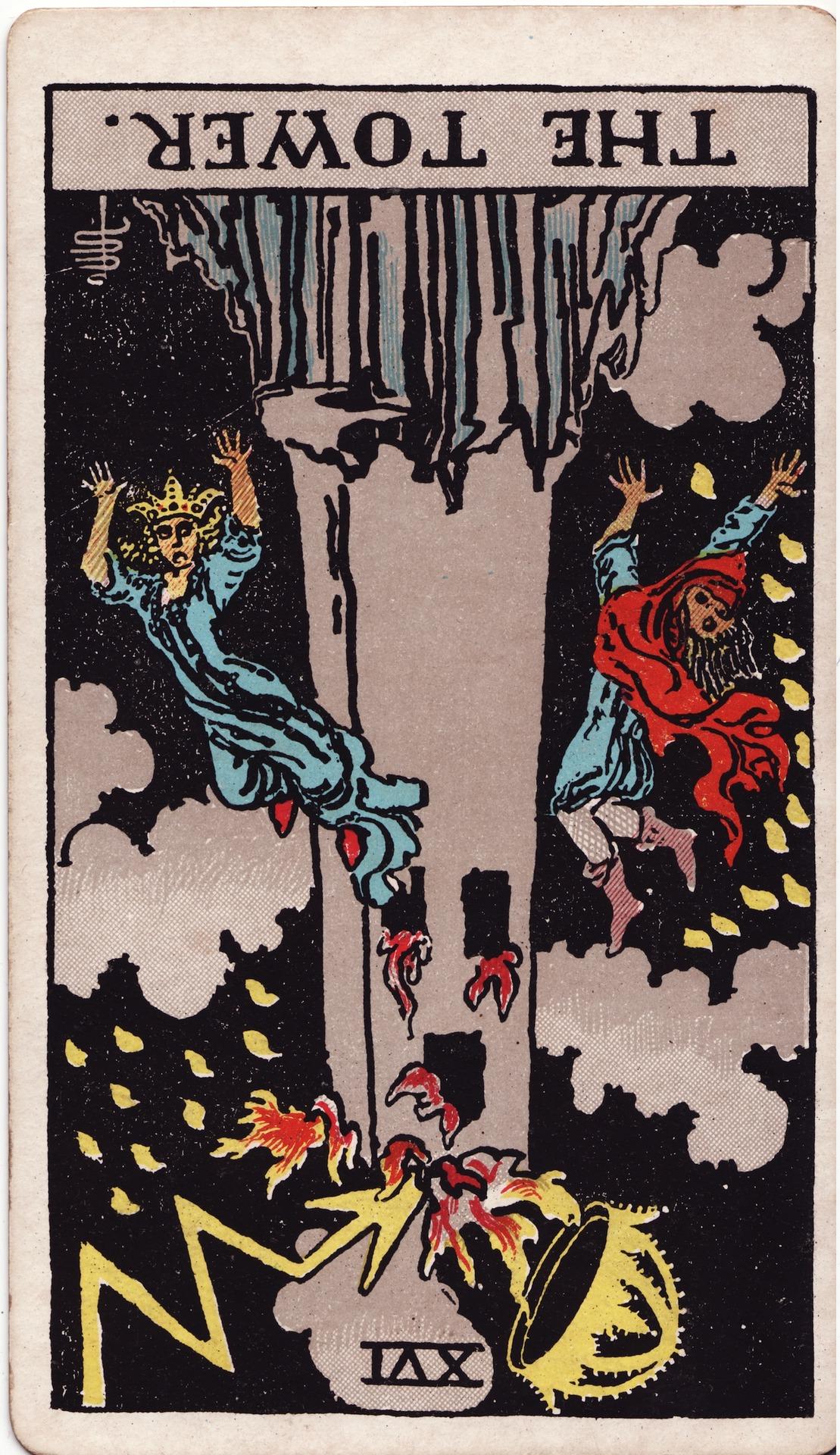 Reversed illustration of The Tower card from the Rider–Waite tarot deck. Two figures, one crowned, fall from a tall stone tower struck by lightning and engulfed in flames. The card is upside down, with the word "TOWER" and Roman numeral "XVI" appearing inverted. The background shows dark clouds and yellow flames or sparks scattering across the sky.