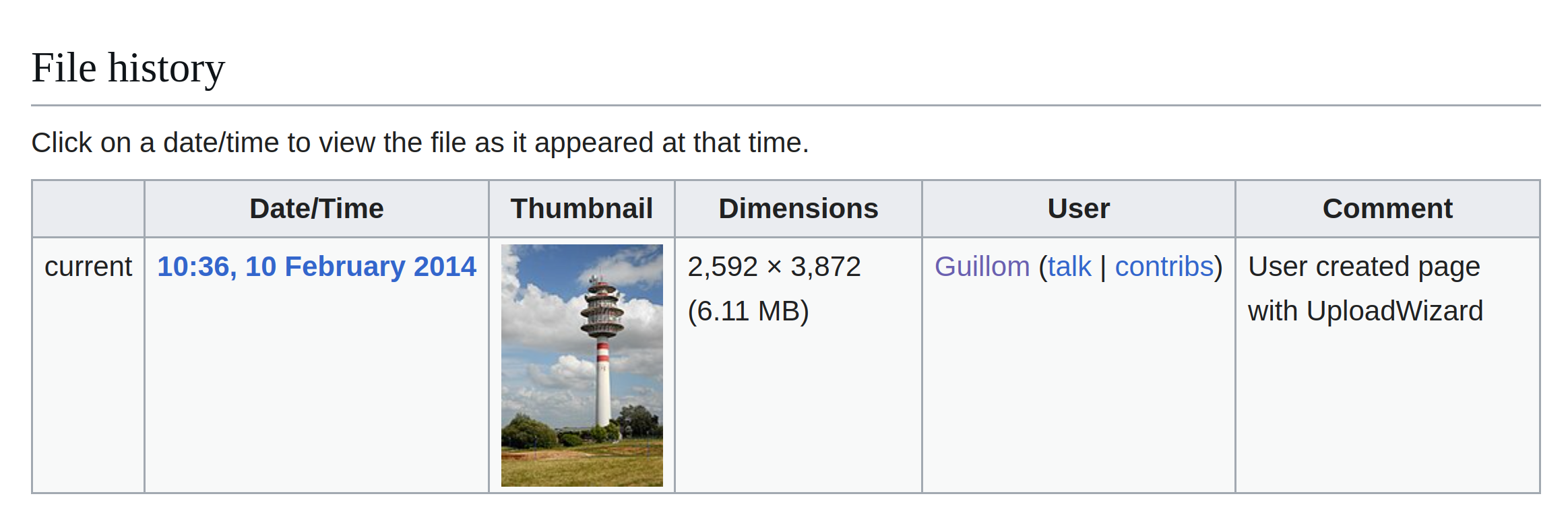 Screenshot of the file history section on Wikimedia Commons for the image “Tour Hertzienne de Mesnil-Esnard,” showing that the file was uploaded by user Guillom on 10 February 2014 with the comment “User created page with UploadWizard.”